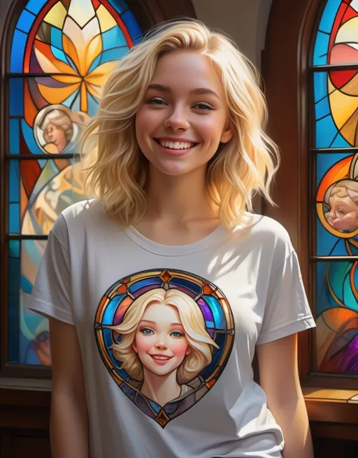 Prompt: (photorealistic painting), smiling blonde (well-endowed young woman), oversized t-shirt with number 22, standing gracefully, vibrant stained glass window, colorful light streaming through, dynamic pose, enchantingly detailed ambiance, infused with (fantasy/whimsical elements), inspired by Adam Hughes, influenced by Stanley Artgerm Lau, ultra-detailed, atmospheric, rich textures and vivid colors, mesmerizing scene encapsulating joy and creativity.