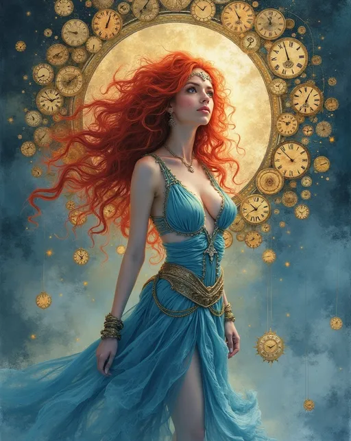 Prompt: (watercolor style), Lynia Tempus, The Sorceress Of Time And Space, (ethereal beauty), enchanting, (vibrant reds and blues), red curly hair, (well-endowed), surrounded by a halo of intricately designed clocks, whimsical atmosphere, cosmic elements, soft lighting, dreamlike quality, fluid motion, ultra-detailed, (masterpiece).