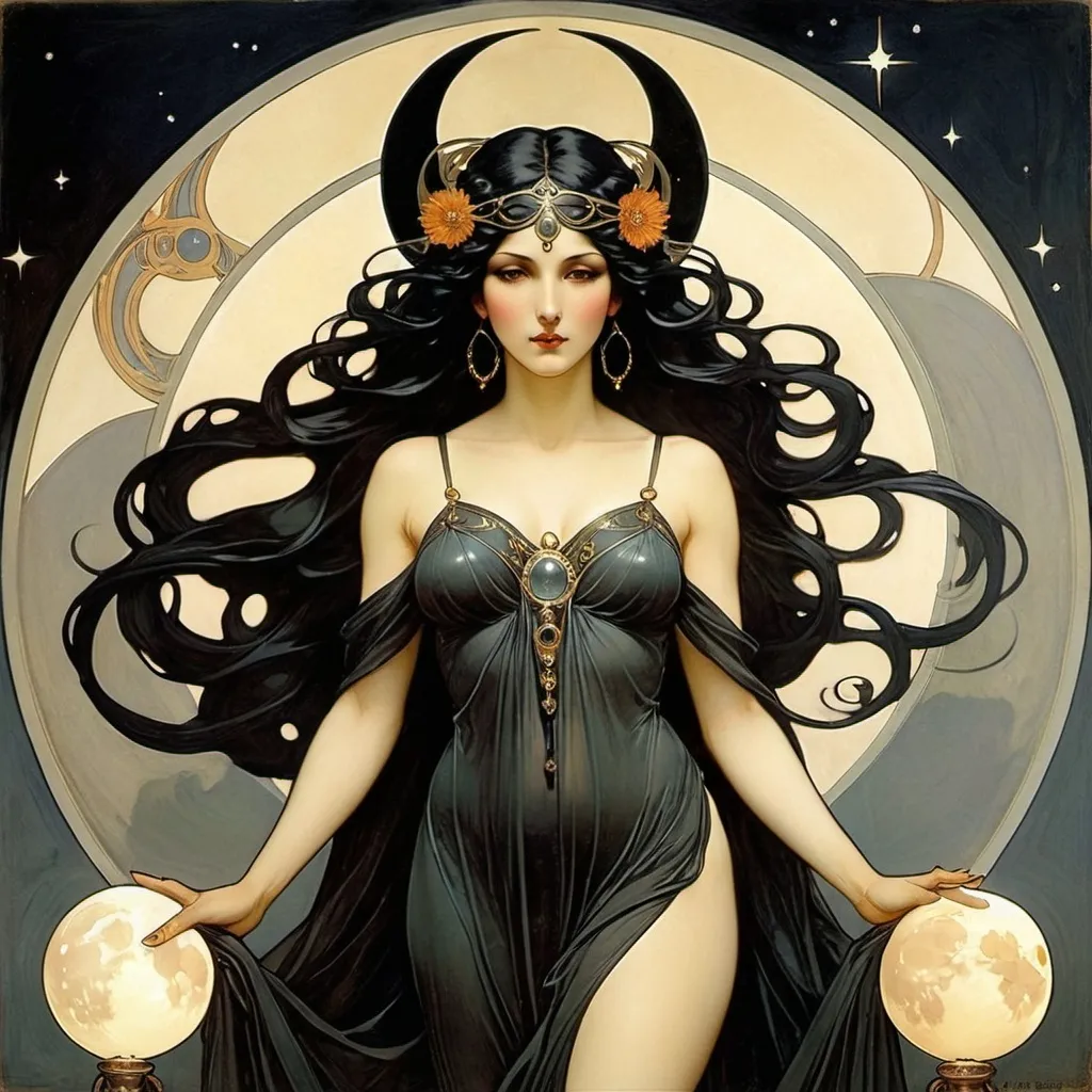 Prompt:   Hecate Goddess of The Moon, beautiful, well endowed,  black, straight hair. She has a torch in  both hands. by Alphonse Mucha









