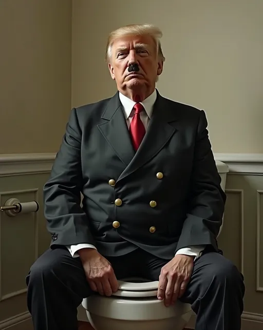Prompt: Donald Trump as Adolf Hitler sitting on a toilet.