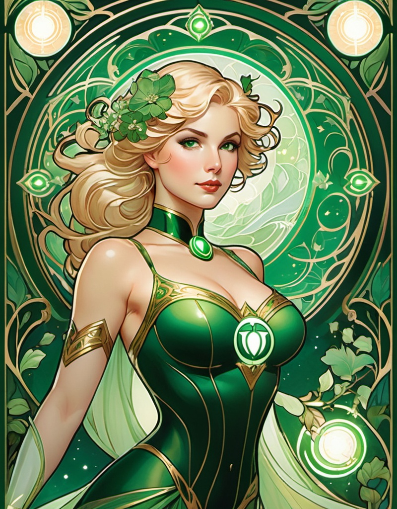 Prompt: (Power Girl as Green Lantern), (Alphonse Mucha style), elegant art nouveau, intricate line work, fluid forms, harmonious color palette of deep greens and shimmering golds, ethereal atmosphere, lush floral elements entwined with glowing green energy, high-quality detail, dreamy and fantasy-inspired scene, captivating expression, radiant lantern glowing softly in her hand, magazine cover art elegance.