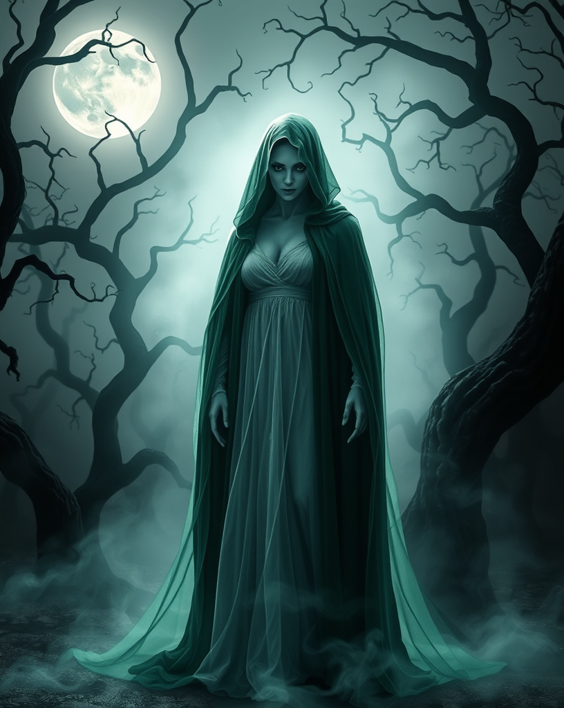 Prompt: (mysterious cloaked well endowed female figure in green and white with pale skin) The Spectre stands shrouded in ethereal mist, an aura of enigma surrounding it, (gloomy ambiance) illuminated by pale moonlight. The background features twisted, shadowy trees, (haunting atmosphere) creating a sense of foreboding and intrigue, (highly detailed, 4K) depicting the essence of ghostly allure and mystery.