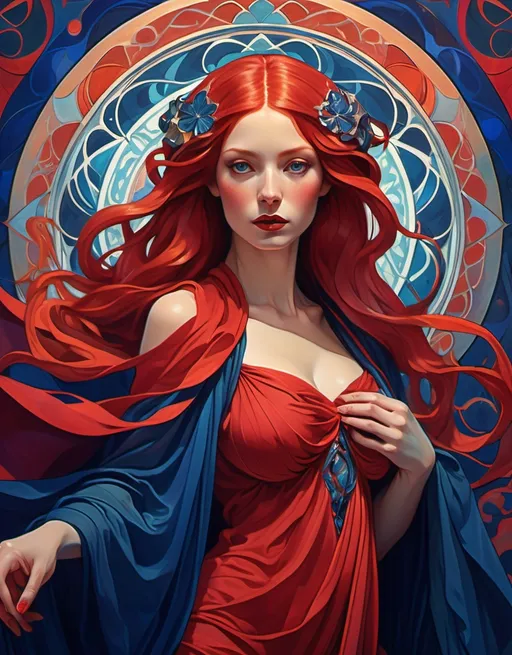 Prompt: Mage Crimson (painting of a well endowed woman in a striking red dress), vibrant, flowing red hair, red cape draping elegantly, (deep blue psychedelic background), surreal forms and patterns intertwining, created in the style of Alphonse Mucha, rich color saturation, ethereal and dreamlike atmosphere, (intricate textures), visually captivating, 4K quality, poster art aesthetic.