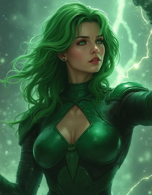 Prompt: photorealistic, (vibrant colors), beautiful, green haired female mutant hero Polaris  (comic book hero) posing in a dramatic way, ultra-detailed, captivating scene. In the style of Adam Hughes