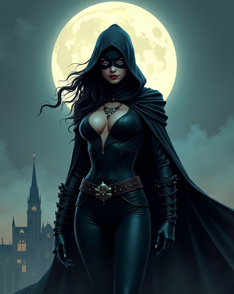 Prompt: Cloaked female superhero The Nightfaller, raven hair, beautiful, haunting, domino mask, a halo of the moon behind her, detailed, dark colors, dramatic, rooftop, fog, full body pose graphic novel illustration,  2d shaded retro comic book 