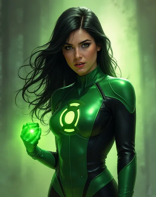 Prompt: Kat Dennings as Jessica Cruz Green Lantern by Alphonse Mucha