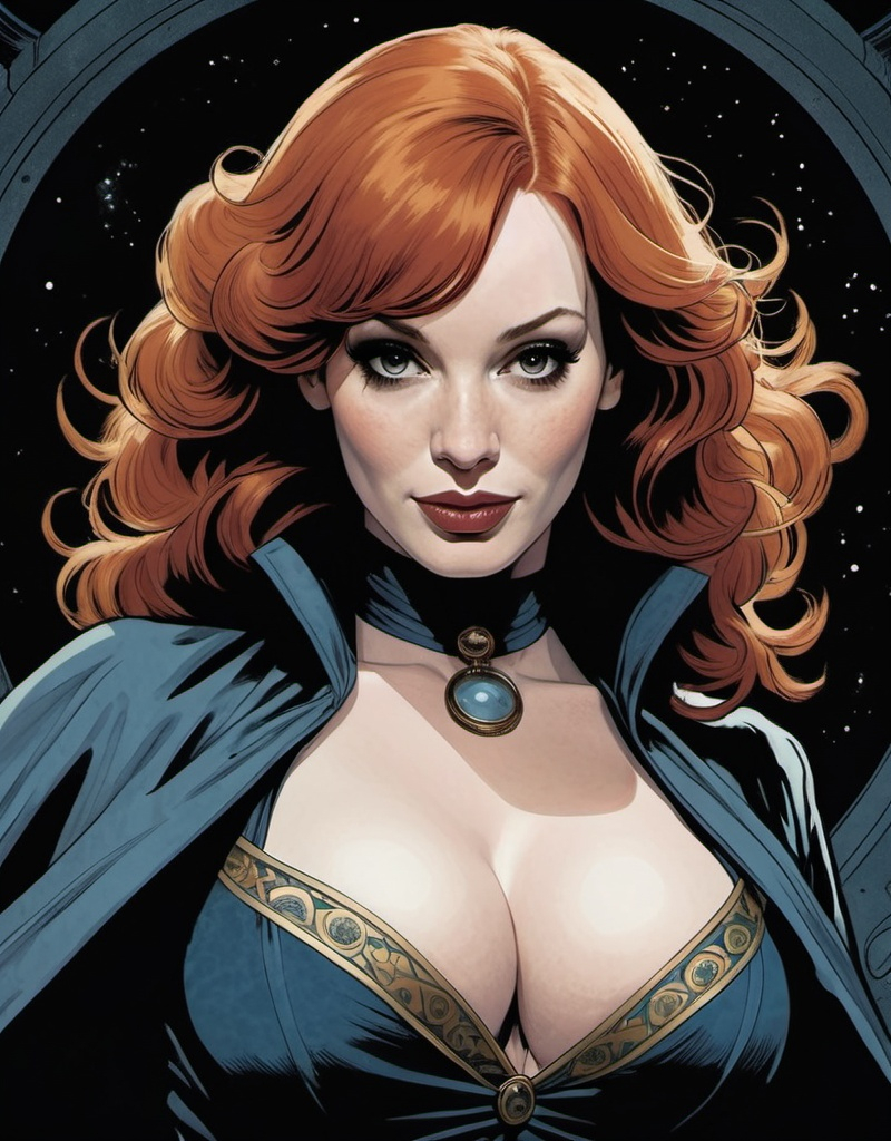 Prompt: Christina Hendricks as Lynia Tempus, The Sorceress Of Time And Space, detailed, dark colors, dramatic, graphic novel illustration, 2d shaded retro comic book by Adam Hughes