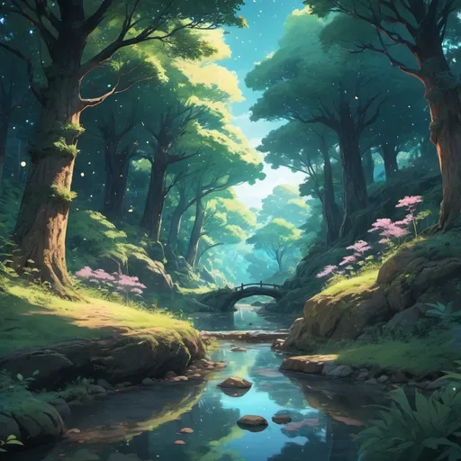 Prompt: Viral anime nature wallpaper in 4 K quality, in the style of digital illustration inspired by Hayao Miyazaki, featuring a serene forest with towing ancient trees , dappled sunlight filtering through the leaves , a gentle stream flowing though the scene, and mystical creatures peeking from behind the foliage, vibrant and warm color  temperature, cosmos lighting with stars twinkling in the sky , no human characters , the atmosphere is tranquil and enchanting-v5-stylize 1000 u have to create it  night time