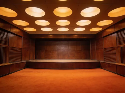 Prompt: retro 1970s music studio stage,
dark brown wooden wall panels,
warm orange carpet floor,
low ceiling with evenly spaced circular recessed lights,
soft amber lighting, warm cinematic tone,
vintage television studio atmosphere,
mid-century modern interior design,
symmetrical composition,
analog film look, subtle film grain,
cinematic lighting, shallow contrast,
no modern elements, classic retro mood
