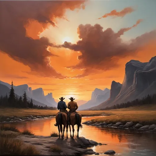 Prompt: A captivating, high-resolution oil painting that captures the essence of a romantic moment between two cowboys, reminiscent of the film Brokeback Mountain. The scene is set in a serene nature landscape with a river flowing gently, and a tent pitched nearby. The cowboys, clad in rugged attire, are gazing into each other's eyes with tender affection. The background showcases a stunning sunset, with a fiery orange sky and the silhouette of towering mountains, creating a sense of depth and drama. The overall atmosphere of the painting is cinematic and evokes a sense of profound love and longing., cinematic