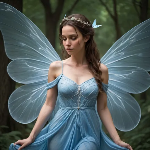 Prompt: mother, strong and capable. light blue dress that flows from the middle, highlighting the blue veins in her fairy wings. She always likes to look her best.

