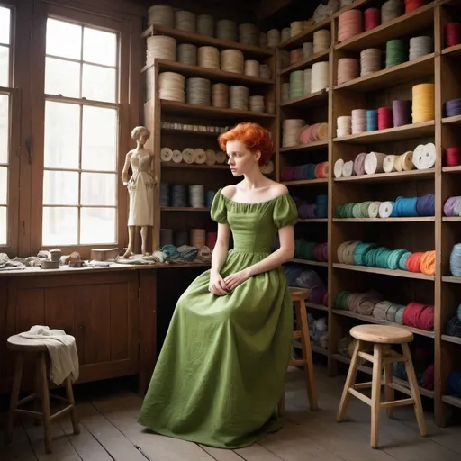 Prompt: Mrs. Thompson was working with a bolt of green fabric, holding it up to the fading light. She was a petite light skinned woman and had a kind face framed by short red hair that barely touched her ears, and she was standing on a stool to reach the shoulder of an old wooden mannequin dressed in a half-finished gown. The shop behind her was a kaleidoscope of colors and textures, with bright sheets of fabric and spools of thread lining the shelves