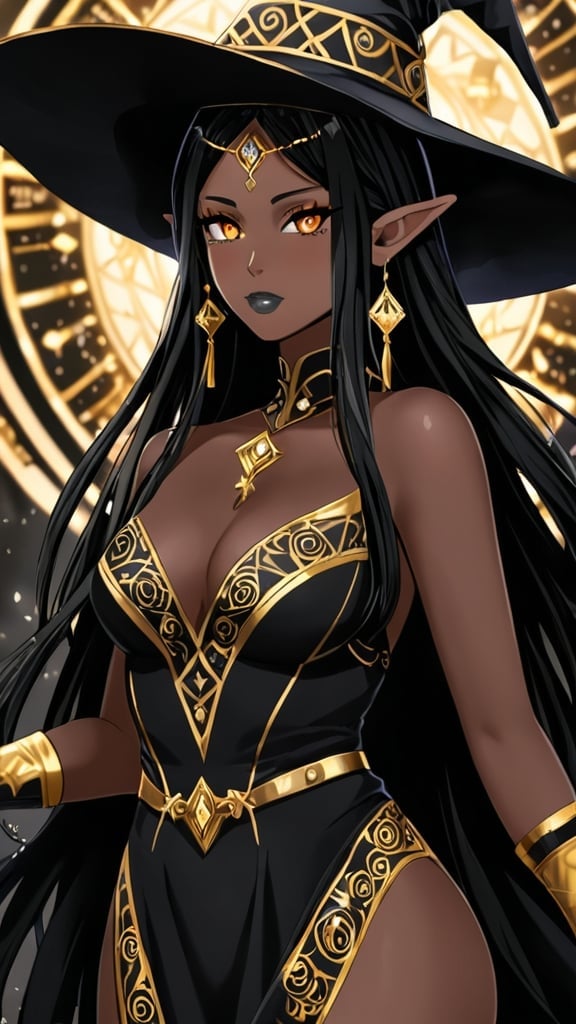 Prompt: Anime-style illustration of a captivating elf witch who's is skin is as dark as the night sky, black, vantablack skin, 1girl, ebony black skin, skin covered in intricate gold arcane runes tattoos, gold tattoos, covered in gold color tattoos, black hair with gold tips, very dark skin, ebony skin, smokey grey witch hat, solo, smokey grey dress with side slit, thigh-highs, alluring gaze, gold eyes, pointy ears, modest makeup, green-gray lipstick, ornate wide red belt, detailed facial features, accentuating cleavage, pelvic curtain, best quality, highres, ultra-detailed, anime, fantasy, detailed eyes, elegant design, professional, atmospheric lighting