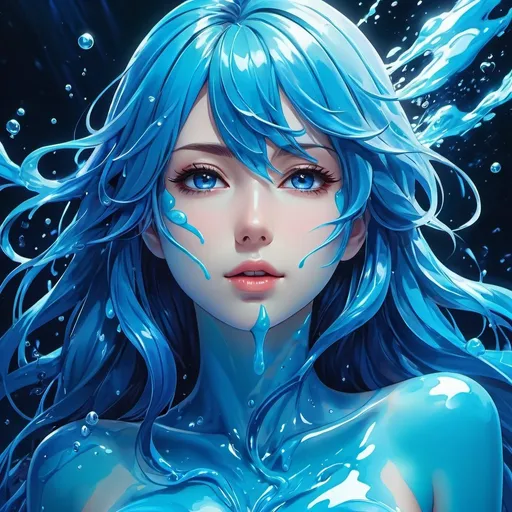 Prompt: Anime illustration of a captivating woman transforming into blue slime, vibrant colors, high quality, detailed transformation, fantasy, supernatural, large proportions, mesmerizing fluidity, anime, vibrant blue tones, dramatic lighting, intense transformation, captivating visuals