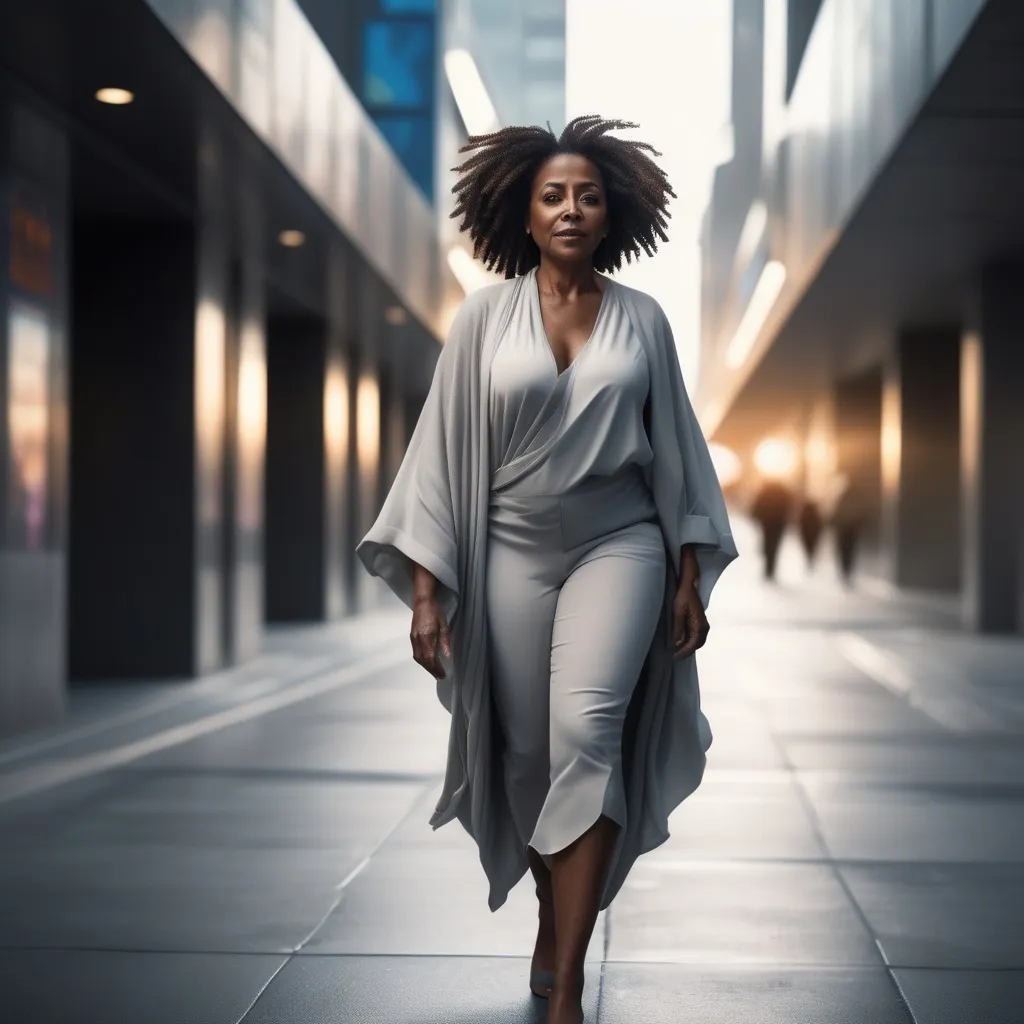 Prompt: Short middle aged black woman walking down the futuristic city street, dressed in flowing clothing, realistic, natural lighting