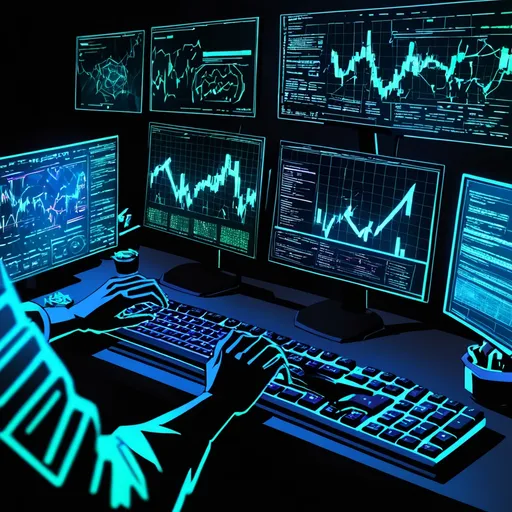 Prompt: 2D anime style, close-up of hands typing rapidly on keyboard, multiple computer screens showing crypto charts, blockchain visuals, scrolling code, dark room with neon monitor glow, tense mood, cinematic angle, high contrast lighting, anime cybercrime aesthetic, ultra-detailed illustration