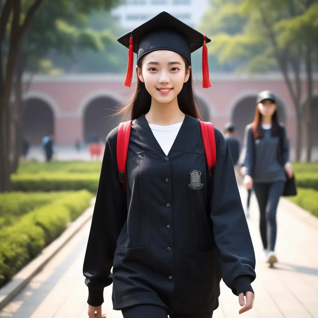 Prompt: Tall youn magistrant student  girl  walking down the high china university, detailed black
clothing, black cap,realistic, natural lighting, verry happy, diplom