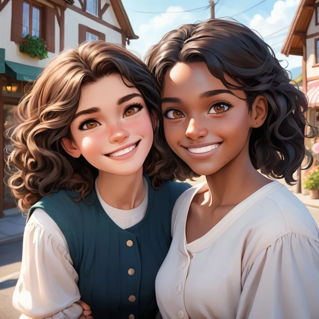 Prompt: Scene of a small, peaceful town the first character Emma is in the front, displaying confidence and a bright smile and has beautiful, black, straight, silky hair, light brown skin, and black eyes while the second character Mia is behind Emma, her face showing emotion of uncertainty and has white skin, wavy brown curly hair, and brown eyes. Ensure the scene reflects the peaceful town setting and clearly shows the emotions of both girls."