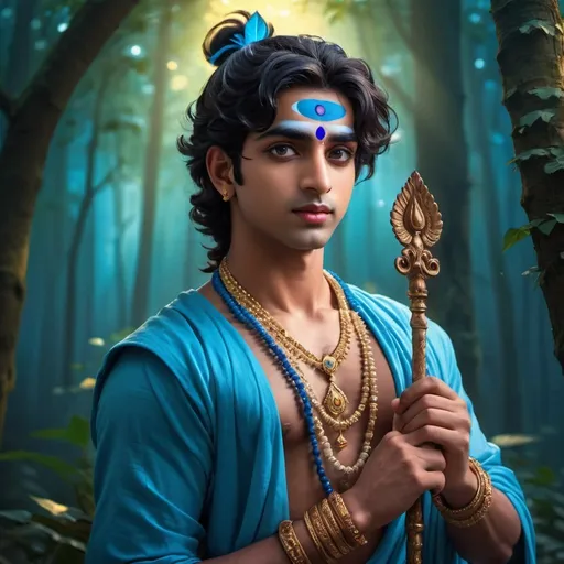 Prompt: Young handsome lord Krishna, Godly, hazel beautiful eyes, prince, delicate, ethnic blue clothing, high quality, anime style, full body, vibrant tones, dramatic lighting, fantasy setting, soft gaze, fantasy, forest magic, professional, 9:16 ratio, 8K