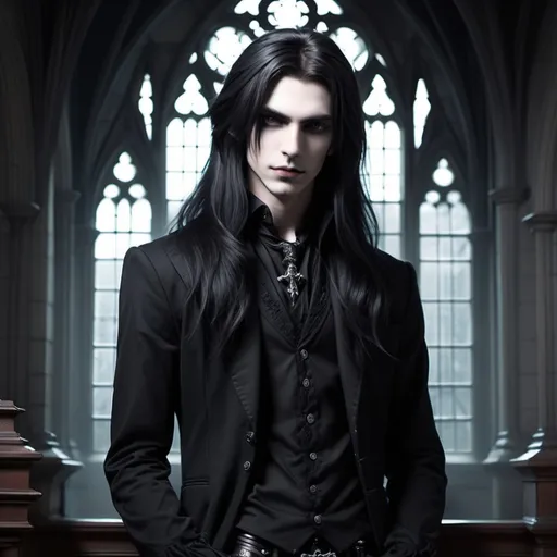 Prompt: Male, gothic, petite, tall, long hair, black, inside of a gothic college, enchanting, demonic, fantasy, 