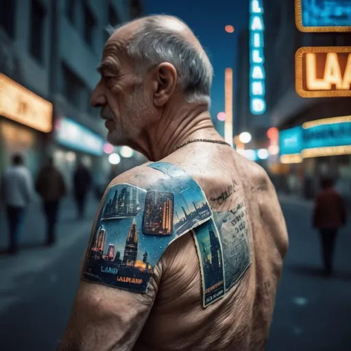 Prompt: Old man's shoulder with lalaland movie stamps, futuristic background, worn and weathered look, detailed wrinkles, sci-fi, detailed textures, urban setting, city lights, atmospheric, professional