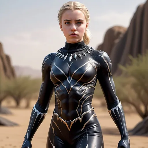 Prompt: 4k, hyper-realistic, young Aryan white girl, iconic Black Panther, strong and brave stance, desert landscape, mud giants, detailed features, realistic lighting, professional quality, fierce, Marvel, powerful, intense gaze, iconic costume