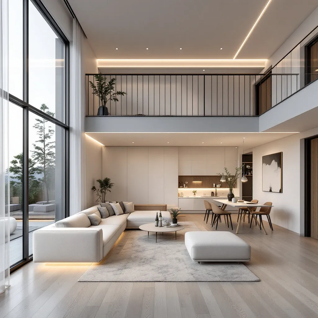 Prompt: Minimalist modern duplex living room with a mezzanine level, white modular sofa, LED strip lighting, large windows, light wooden flooring, floating staircase, warm neutral color palette, soft ambient lighting, Scandinavian-inspired design, high ceiling, contemporary decor, clean aesthetic