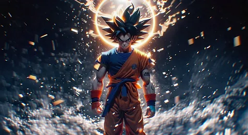 Prompt: Realistic 3D high-resolution 4K image of Goku in standing camly turning back, detailed muscular build, bright golden hair, calm expression, wearing his signature orange and blue outfit with the typical mark on his left chest, standing in an affiliate pose with his hands in his pockets. Character height is about 3/4 of the image height, centered horizontally. Character should appear with his full body including his feet. Background: magical and mythical with swirling ethereal energies, glowing particles, and a celestial aura, reminiscent of a mystical realm with sparks flying all over the place. Futuristic elements, vibrant colors, intricate details, and darker tones throughout --v 6 --ar 16:9 --chaos 20 --stylize 500