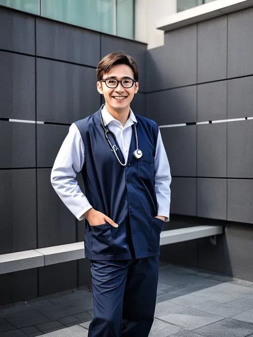 Prompt: a young doctor that around 30 years age and with glasses and he is happy with formal medical uniform.