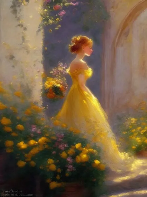 Prompt: 
Classical painting Romantic impressionist Elegance soft diffused lighting with romantic attire in a warm yellow color palette and impressionistic brush work, using #F4CA5C color, dreamy vibes