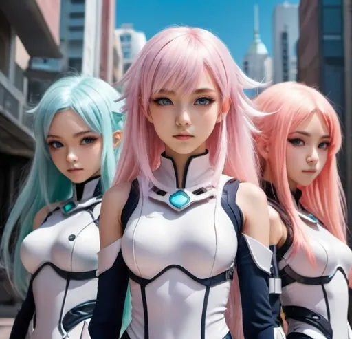 Prompt: Here's a short description for anime girl characters:

"A group of diverse anime girls stands in a vibrant, fantasy-inspired setting. Each has distinct features: one with long flowing pink hair and bright, expressive eyes, dressed in an elegant warrior's armor; another with short, spiky blue hair, wearing a futuristic outfit and wielding advanced tech gadgets; a third with flowing white hair and soft pastel colors, exuding a magical, ethereal aura. Their poses convey confidence and readiness, hinting at unique personalities and backstories, all set against a backdrop of towering, mythical landscapes."