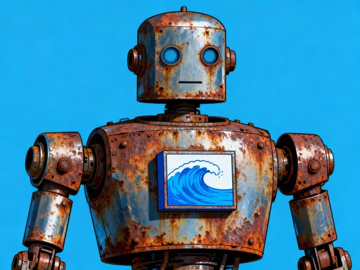 Prompt: Rusty the surfbot with a blue wave on his cheat make the wave smaller and keep rusty rusty MAKE THE WAVE INSIDE A BOX SHAPE
