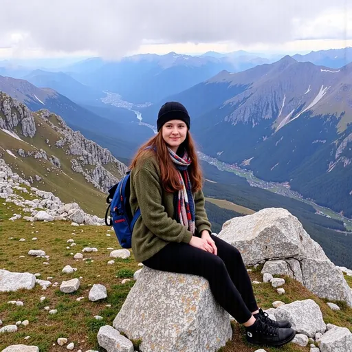 Prompt: This is a photograph of a young @ofd3Rwj6kTSOkM2zJnJO  sitting on a rocky mountain peak, surrounded by a breathtaking panoramic view of rugged mountains and valleys. She has fair skin, long brown hair, and is wearing a black beanie, a thick brown fleece jacket, and a multicolored knitted scarf. She also has a black backpack with a red and white patch on the front. She is seated on a grassy, slightly rocky surface, with her hands resting on her knees and a gentle smile on her face. The background features a vast, expansive mountain range with varying shades of gray and brown rocks, and patches of green forest in the valleys. The sky above is mostly cloudy with some patches of blue and white, suggesting a cool, overcast day. The texture of the photograph is crisp and detailed, capturing the natural elements and the woman's clothing textures vividly. The overall mood of the photograph is serene and adventurous, highlighting the beauty of nature and the woman's peaceful enjoyment of the mountainous landscape., 