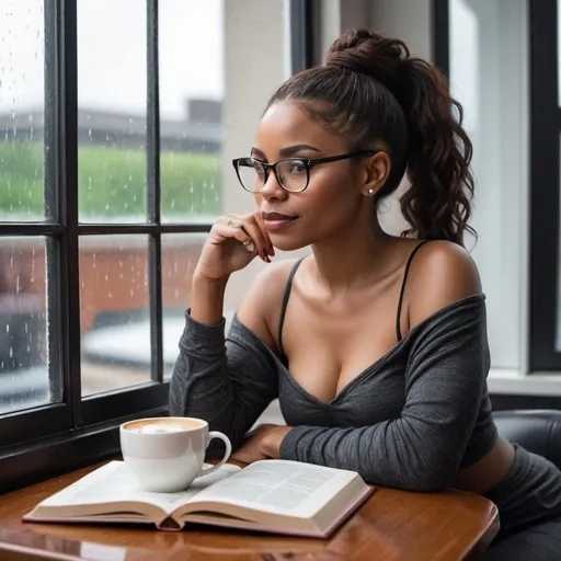 Prompt: A beautiful, fit black woman with long hair tied in a high pony tail sitting by the window. She is wearing a nice pair of cat eye glasses. It is raining outside. There is a cup of hot coffee on a small table at her side. She is reading a novel with no title. She is wearing a one hand off shoulder stylish top. On the top says "Novel_Central"