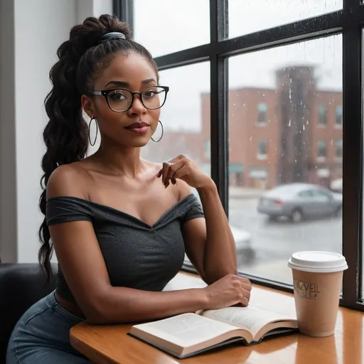 Prompt: A beautiful, fit black woman with long hair tied in a high pony tail sitting in a lean back position by the window. She is wearing a nice pair of cat eye glasses. It is raining outside. There is a cup of hot coffee on a small table at her side. She is holding up an open novel with no title. She is wearing a one hand off shoulder stylish yet modest top with the words "Novel_Central" across the front.