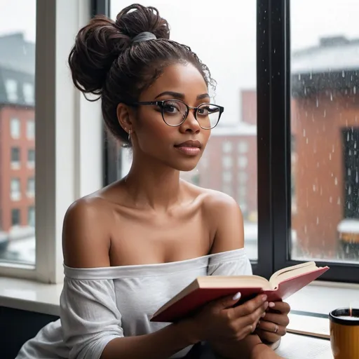 Prompt: A beautiful, fit black woman with long hair tied in a high pony tail sitting in a lean back position by the window. She is wearing a nice pair of cat eye glasses. It is raining outside. There is a cup of hot coffee on a small table at her side. She is holding up an open novel with no title. Her eyes are fixed on the book. She is wearing a one hand off shoulder stylish yet modest top with the words "Novel_Central" across the front.