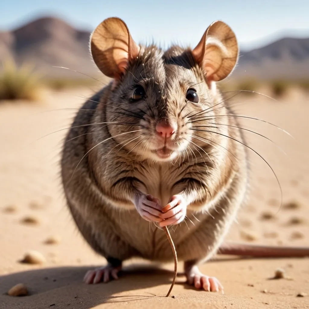 Prompt: a fat brown rat in the desert balancing on its thick tail  and fat  stick legs and long whiskers and big ears with lots of hair inside