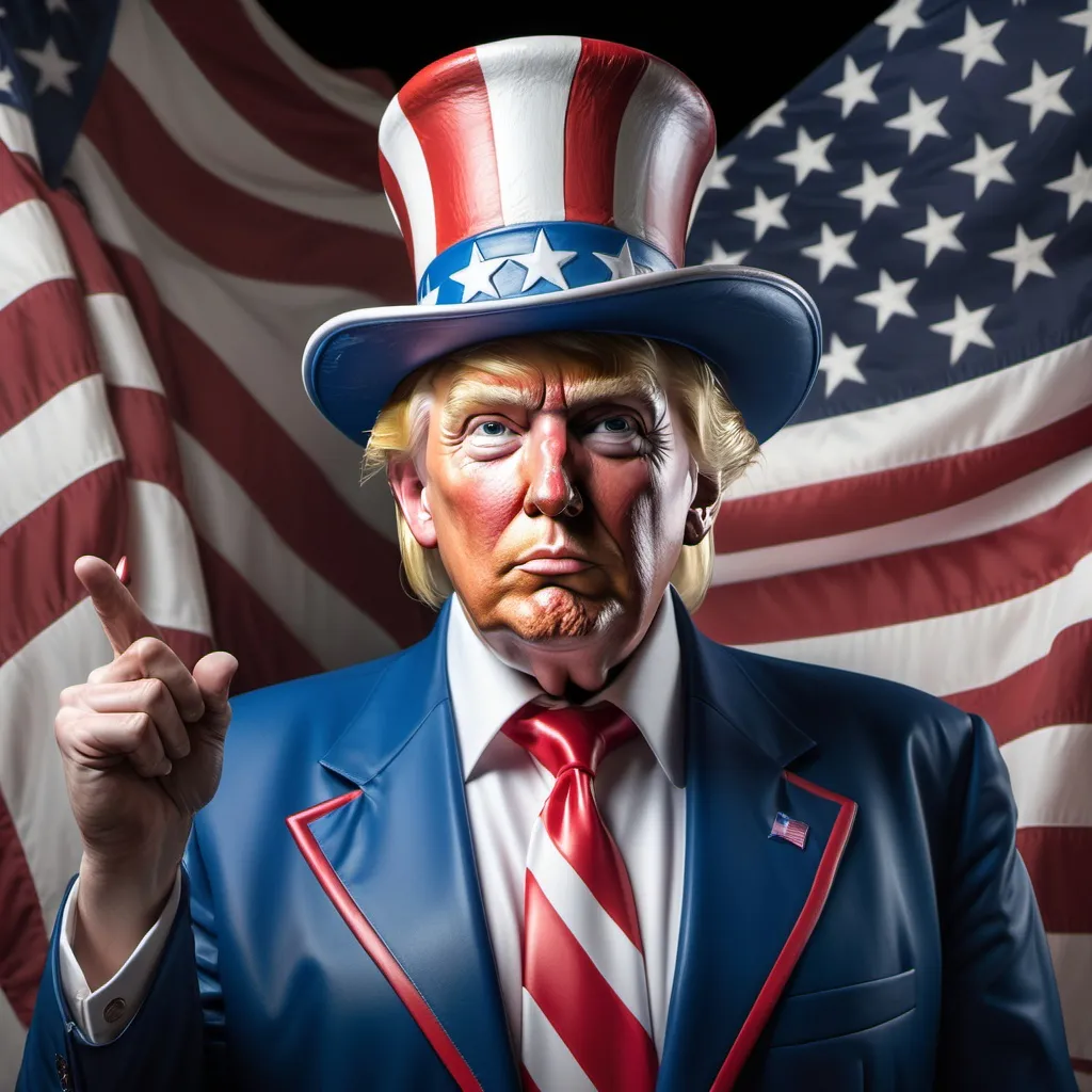 Prompt: Uncle Sam with Donald Trump's face, wearing a patriotic suit and hat, holding an American flag, hyper-realistic.
