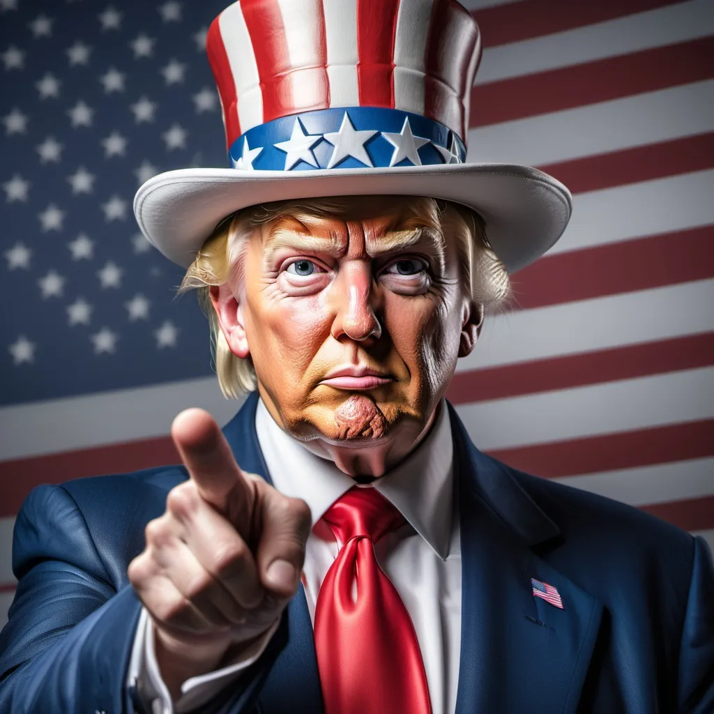 Prompt: Uncle Sam with Donald Trump's face looking straight onto the viewer and finger pointing straight at the viewer, wearing a patriotic suit and hat, with American flag on the background, hyper-realistic.
