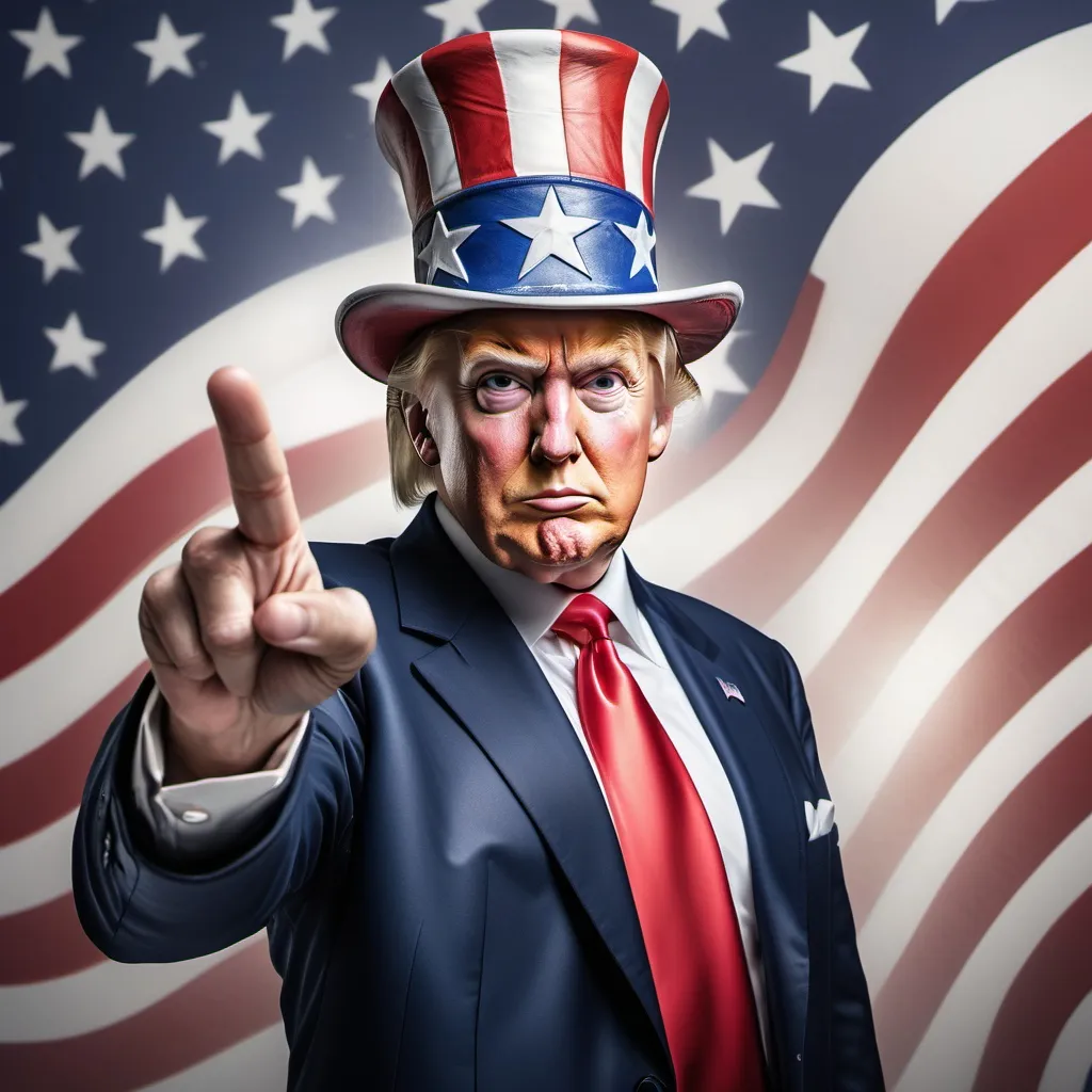 Prompt: Uncle Sam with Donald Trump's face looking straight onto the viewer and finger pointing straight at the viewer, wearing a patriotic suit and hat, with American flag on the background, hyper-realistic.
