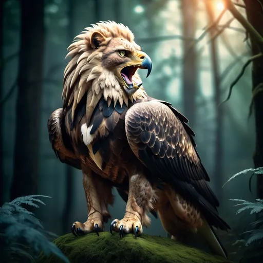 Prompt: Eagle-lion hybrid in a mystical forest, animal hybrid of an eagle and a lion, mix of lion and eagle, high quality, atmospheric lighting