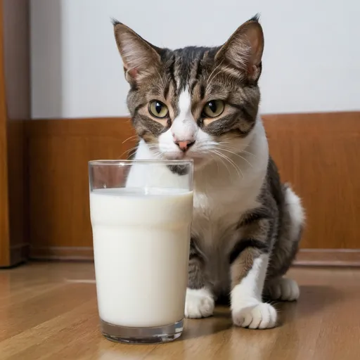 Prompt: A cat is sitting there and having the milk.
