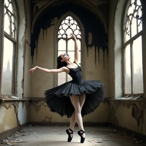 Prompt: beautiful gothic ballerina with dancing in a decrepit kingdom elegant no windows