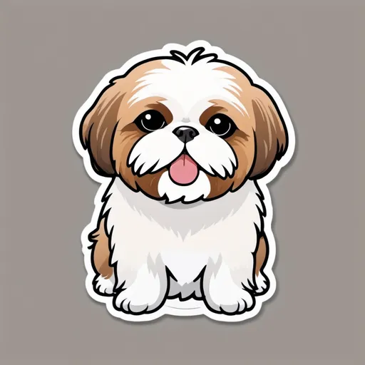 Prompt: A cute kawaii-style Shih Tzu dog, white fur with caramel patches, sitting happily with tongue out, big round eyes, cartoon vector style, outlined, clean white background, commercial use, perfect for sticker design
