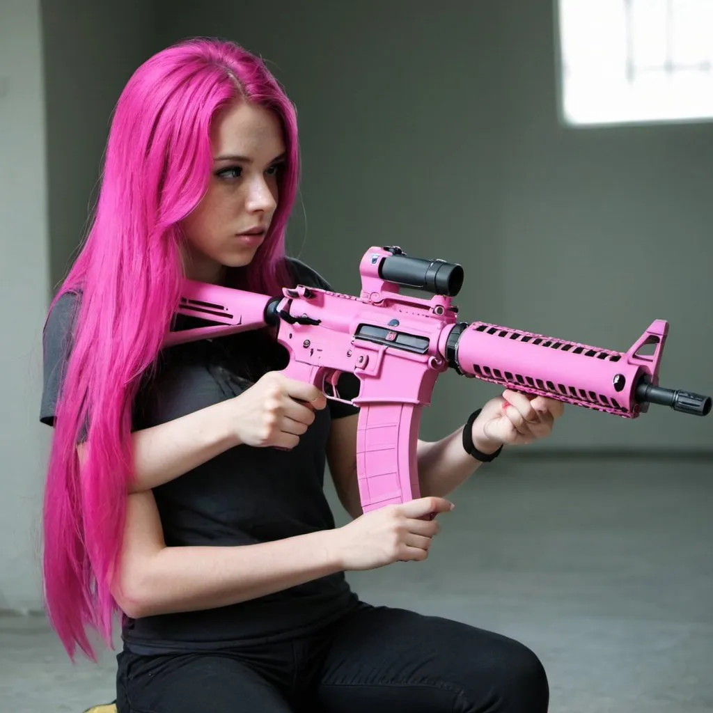 Prompt: a girl with a long hair pink and using a M4A1
