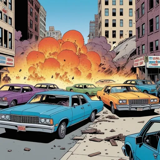 Prompt: comic book panel, fighting against monsters and bad guys, they're crashing cars to each other's, the city is destroyed, colorful, wide shot, by Steve Dillon, style of sage, by Timpunk comics cover art, by Jeff deka