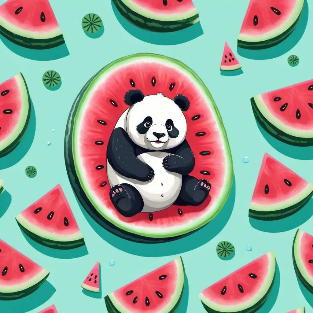 Prompt: A panda is lying on a large watermelon slice, surrounded by watermelon slices. Under the big watermelon slice is a lake, cool color combination, summer style, illustration, very cute, super details, super exquisite, 12K