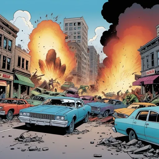 Prompt: comic book panel, fighting against monsters and bad guys, they're crashing cars to each other's, the city is destroyed, colorful, wide shot, by Steve Dillon, style of sage, by Timpunk comics cover art, by Jeff deka