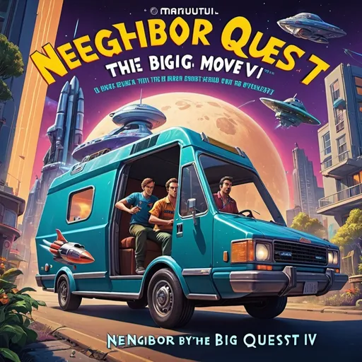 Prompt: video game cover with title "Neighbor Quest IV: The Big Move" Two man awkwardly loading a couch on a moving van that is a spaceship, science-fiction, pulp style