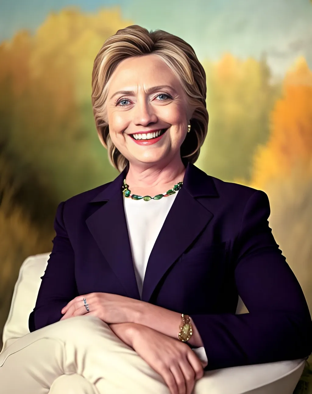 Prompt: hillary clinton smiling in a portrait photo with a beautiful outdoor backdrop 